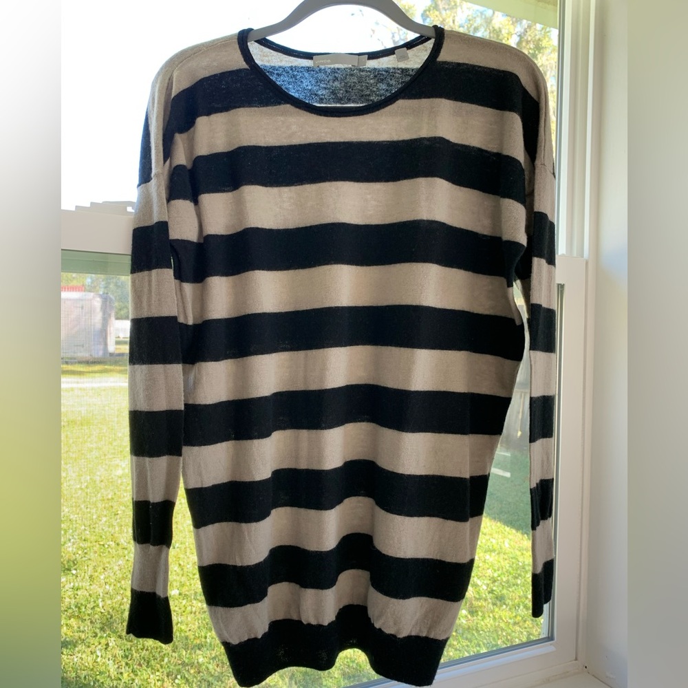 VINCE Cashmere Wool Black Tan Striped Sweater Pullover Long S Small Super Soft
